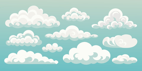 Collection of fluffy cartoon clouds against a clear blue sky background