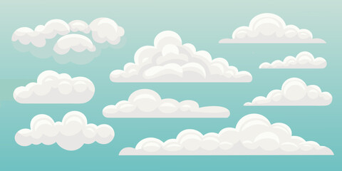 Collection of fluffy white cartoon clouds scattered across a clear light blue sky background