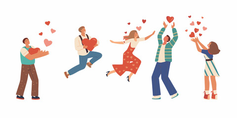 Diverse group of people joyfully celebrating and sharing hearts on a white background