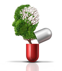Mental Health medicine or brain pill as a neurology medication for memory loss or neurological function as cognitive pharmaceutical for degenerative disease of the mind as a pill with a growing tree.