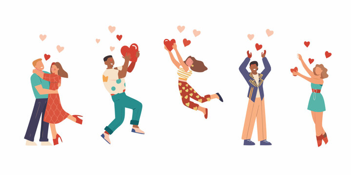 Diverse group of people celebrating love and happiness with hearts floating around them