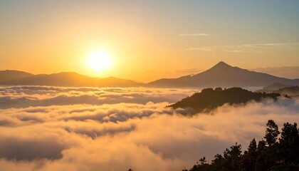 Naklejka premium Sunrise Over Mountain Range Surrounded by Thick Rolling Fog