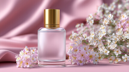 Minimalist product photography setup featuring clear perfume bottle surrounded by delicate pink flowers on soft fabric. elegant design evokes sense of luxury and freshness