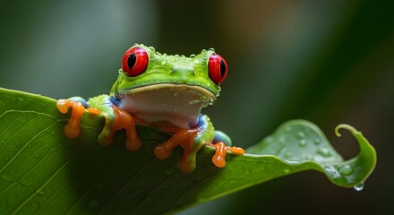 A vibrant red-eyed tree frog perches on a lush green leaf, observing its surroundings.