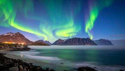 Naklejka premium Majestic Aurora Borealis Over Serene Coastal Landscape at Night