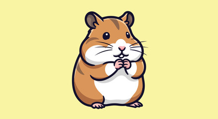 Obraz premium Charming hamster cartoon character with a sweet expression against a soft yellow background, radiating joy and playful innocence