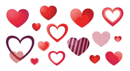 A collection of assorted heart illustrations against a clean backdrop with various shades and patterns and a mix of filled and outline styles