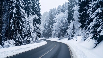 Fototapeta premium Winding snowy road through a frosted forest