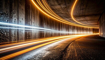 Fototapeta premium Futuristic tunnel light trails at night with glowing orange and blue streaks, abstract speed motion blur, modern urban transportation background