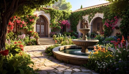 Obraz premium Tranquil Garden with Fountain Surrounded by Vibrant Flowers and Greenery