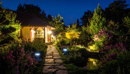 Obraz premium Serene Garden Pathway Illuminated by Soft Lights at Night