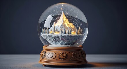 Illuminated Mountain Scene Encased in a Glass Snow Globe with Ca