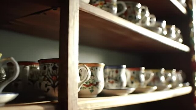 Wooden shelves displaying a collection of ceramic teacups with floral patterns, arranged neatly.