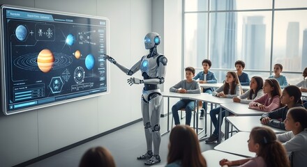 Advanced AI robot instructor educates young students about science and technology in a smart classroom environment