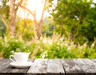 White coffee cup on rustic wooden table, blurred nature background