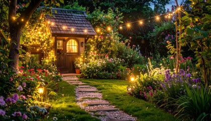 Fototapeta premium Enchanted Garden Path with Twinkling Lights and Colorful Flowers