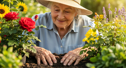 senior woman holding flowers