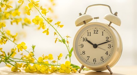 Vintage alarm clock with yellow flowers in the background, symbolizing the passage of time