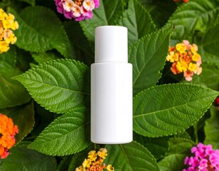 White cosmetic bottle on vibrant green leaves and flowers