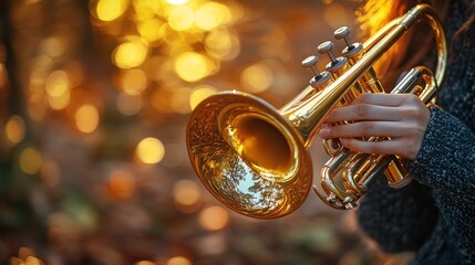 Woman holds golden trumpet in blurred autumn foliage