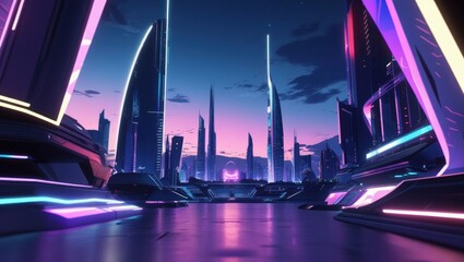 A futuristic cityscape awash in vibrant neon hues, showcasing futuristic architecture and glowing structures at dusk.