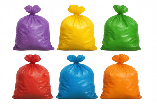 Six colorful garbage bags tied and full, isolated on transparent background, ready for waste management