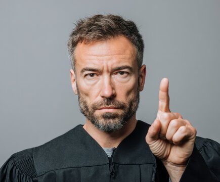 A middle-aged man in a dark robe points a finger, displaying a serious and assertive expression against a neutral backdrop.