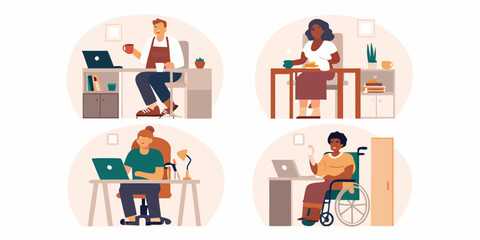 Diverse group of people working and enjoying beverages at their desks in a modern office setting