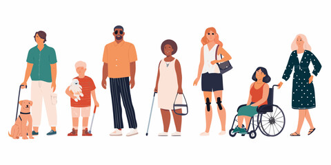 Diverse group of people with disabilities and a service dog standing together