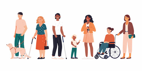 Diverse group of people with disabilities and a guide dog standing together