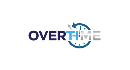 Overtime work concept with clock graphic logo, representing productivity and extended hours for labor, blue and gray color scheme for design assets