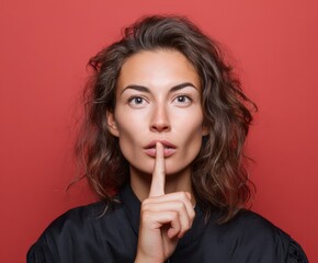 Naklejka premium A woman with expressive eyes and a serious expression in front of a bold red background, demonstrating a 