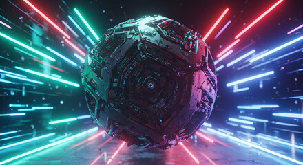 Futuristic sphere with neon light streaks in a dynamic abstract composition