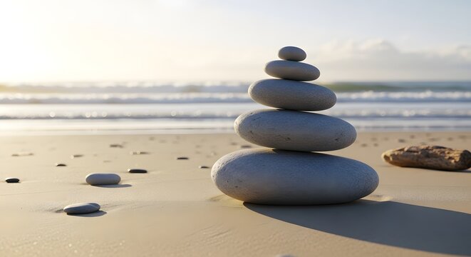 Stack of smooth zen stones balanced in harmony on a serene sandy beach at sunset