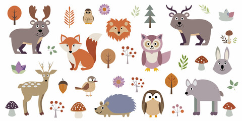 Fototapeta premium Collection of cute cartoon forest animals and woodland elements in a flat design style