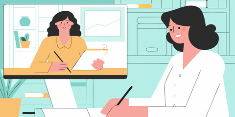 Two women collaborating remotely one on a computer screen the other working at a desk