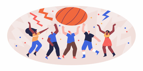 Diverse group of people celebrating and playing with a large ball in a festive atmosphere