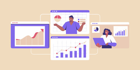 Diverse business professionals analyzing financial data and presenting growth charts on digital screens