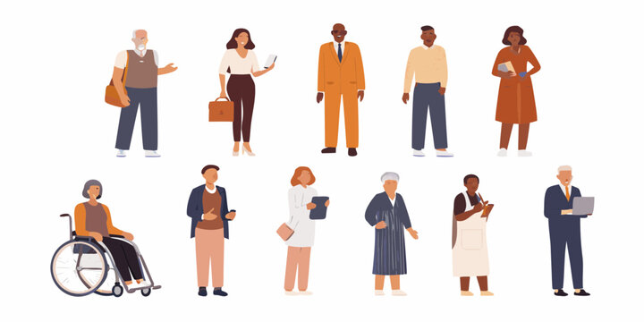 Diverse group of people of different ages genders and ethnicities standing together in a flat design style