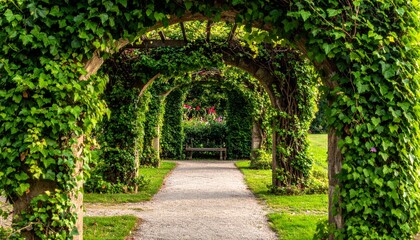 Obraz premium Serene Pathway through Lush Green Ivy Arches in a Tranquil Garden