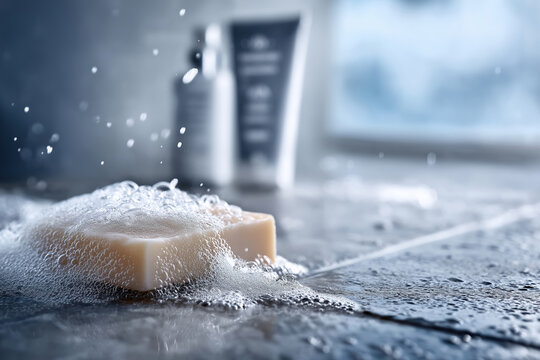 Bubbles form around a bar of soap on a tiled surface in a sunlit bathroom