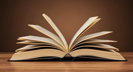 Open book with pages fanned out on wooden table brown background reading