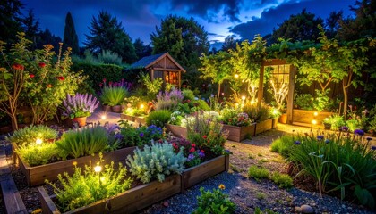 Fototapeta premium Enchanting Night Garden with LED Lights and Lush Greenery