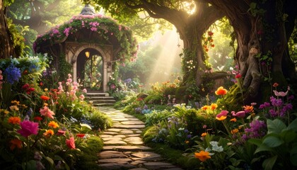 Obraz premium Enchanted Garden Path with Colorful Flowers and Cozy Cottage