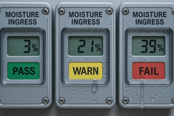 Moisture test result comparison for industry with pass warn fail indicators and digital display panels showing water ingress levels