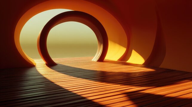 Sunlit orange circular hallway leading to a calm ocean view - Powered by Adobe