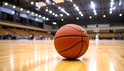 Basketball on a hardwood court inside a large arena