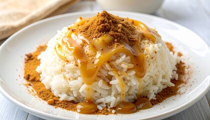 Delicious steamed rice drizzled with sweet caramel sauce and cinnamon spice topping on white plate