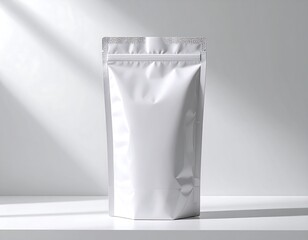 White foil pouch packaging on a white surface