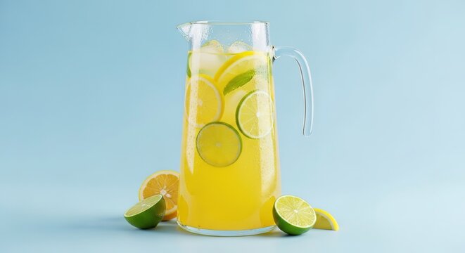 Refreshing citrus lemonade in a glass pitcher with lemon and lim
